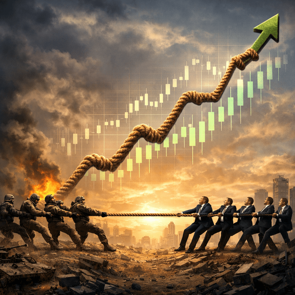 Soldiers and businessmen engaged in tug-of-war with rope tied to upward green arrow symbolizing stock growth