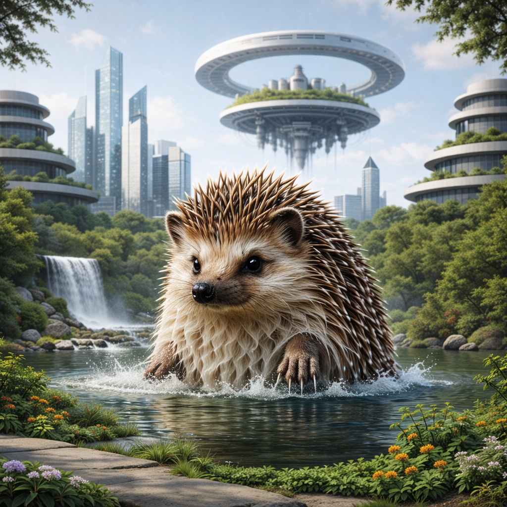 Couple walking in a futuristic park with skyscrapers, flying vehicles, and floating city